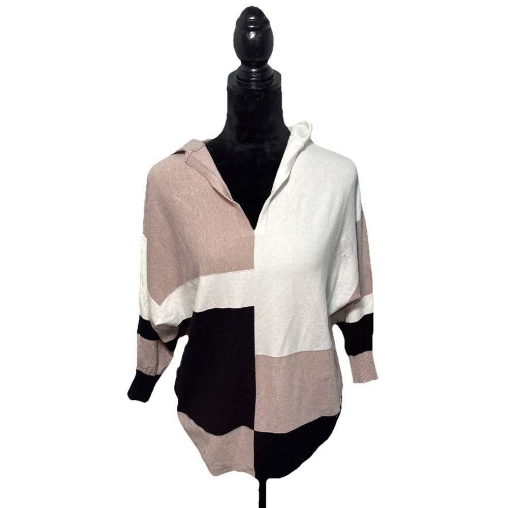 Aaeda Von Mauer Women's M Color Block Sweater Hoodie V Neck Tan Black